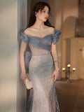 Grey blue prom dress with bowknot sparkly off the shoulder
