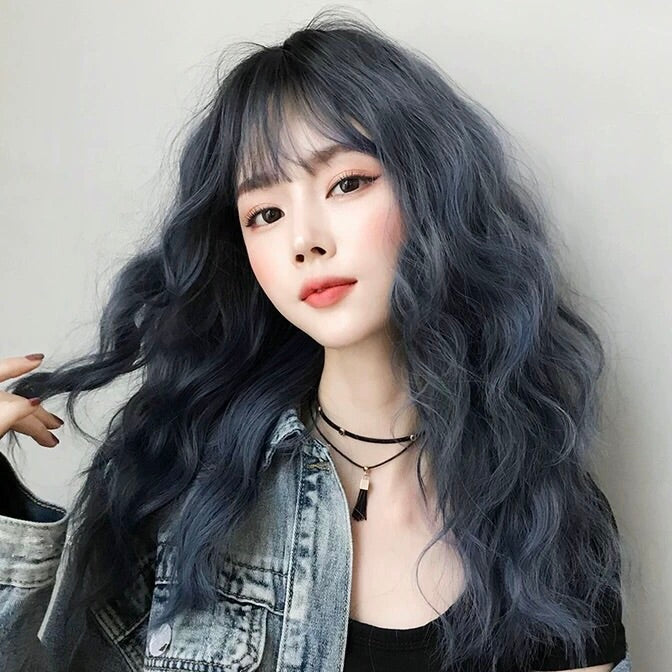 Dusty blue small curly long wig Beauty Outfits