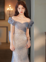 Grey blue prom dress with bowknot sparkly off the shoulder