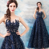 Long dark blue embroidery sequin prom dress bandage