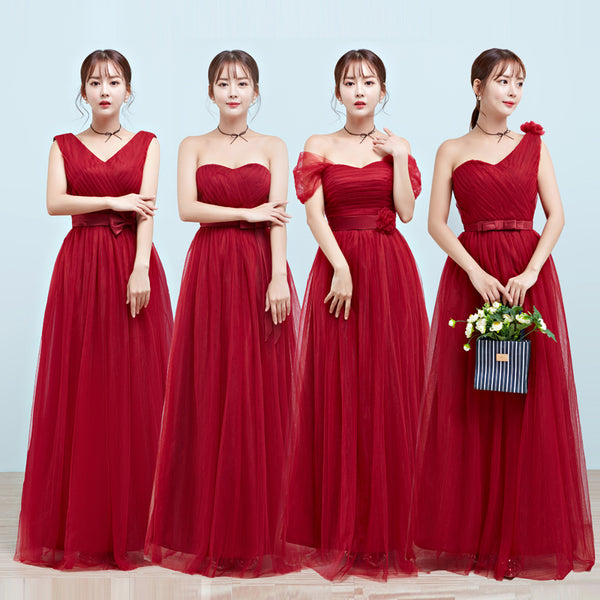 Burgundy tulle bridesmaid dresses long