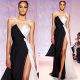 Customized strapless prom dress black white off the shoulder