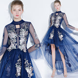 dark blue embroidery tulle prom dress