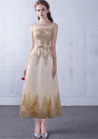 Golden embroidery ankle-length prom dress boat neck sleeveless
