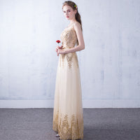 Golden embroidery long prom dress boat neck sleeveless