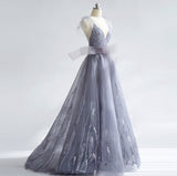 long gray tulle backless prom dress homecoming dress