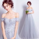 light gray embroidery tulle prom dress