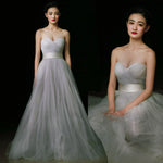 gray strapless tulle bridesmaid dress long