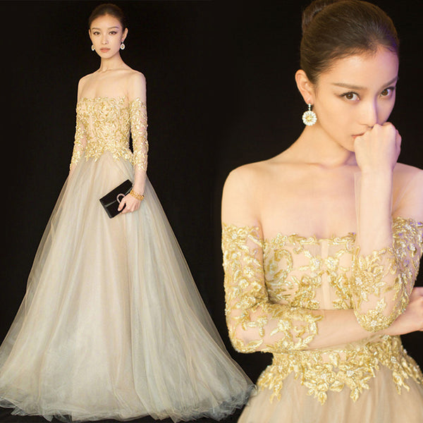 Long Sleeve golden tulle prom dress
