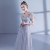 long grey tulle bridesmaid dress silver customized size