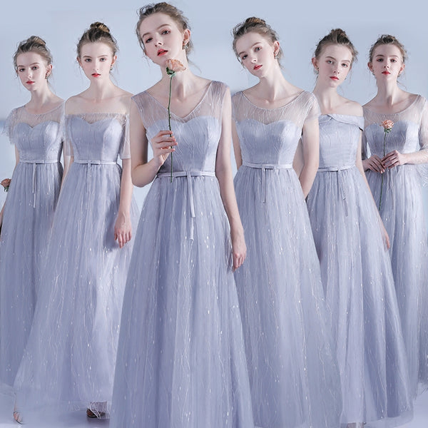long gray tulle bridesmaid dress silver customized size