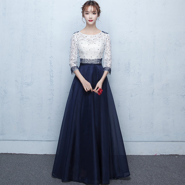 Long pearl blue prom dress boat neck mid-sleeve