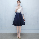 Mid-Sleeve Pearl blue short prom dress boat neck