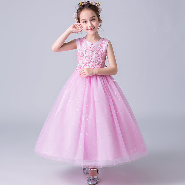 Long pink flower girl dress lace tulle girl gown