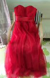 Red strapless tulle bridesmaid dress long