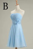 short blue bridesmaid dress off the shoulder strapless