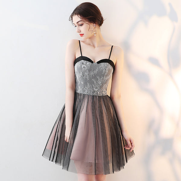 Short Black lace tulle prom dress party dress homecoming dress