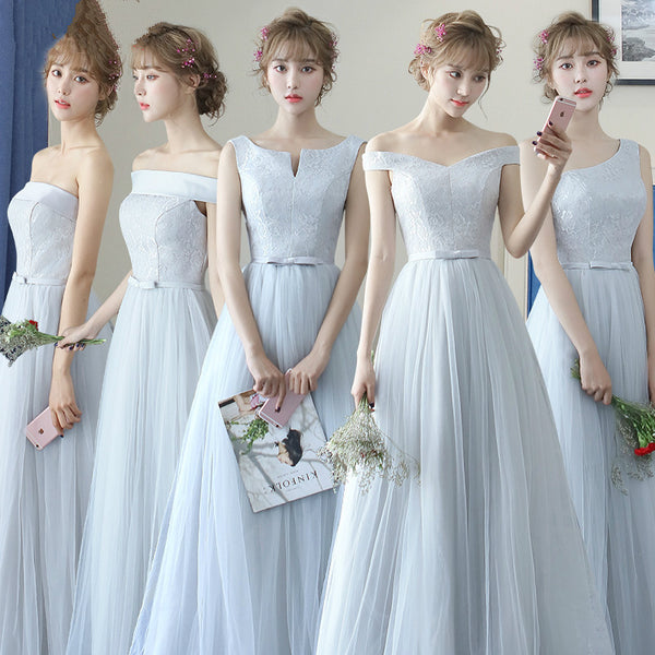 Light gray tulle bridesmaid dresses long