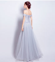 Light grey tulle prom dress long embroidery bandage