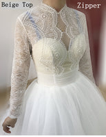 Long Sleeve Wedding Dress Pearl Lace Beige White