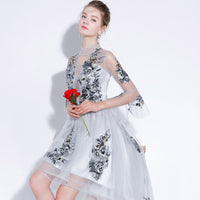 Embroidery tulle prom dress gray dark blue red hi-lo front short back long