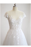 Short Sleeve wedding dress simple embroidery leaf backless