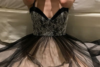 Long black V-neck tulle prom dress party dress homecoming dress