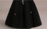 Long black junior girl tulle Gown trailing train embroidery Strapless perform dress V neck