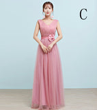 pink tulle bridesmaid dresses long V neck