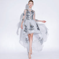 Embroidery tulle prom dress gray dark blue red hi-lo front short back long