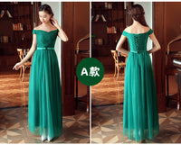 boat neck green tulle bridesmaid dress long
