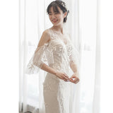 Short sleeve mermaid embroidery wedding dress backless V neck