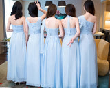 customized long blue bridesmaid dress halter V neck off the shoulder strapless one shoulder