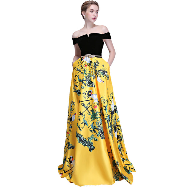 Chinese style prom dress long red yellow black printed boat neck