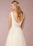 White V neck simple wedding dress tulle backless customized size