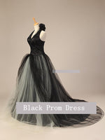 Long backless black performance dress Customized gown tulle