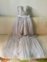long gray strapless tulle bridesmaid dress