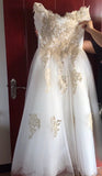 Off the shoulder embroidered modest wedding dress