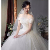 Off the shoulder white tulle wedding dress