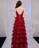 Spaghetti straps burgundy prom dress red wedding gown