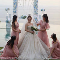 Floor length long pink chiffon bridesmaid dresses