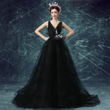 Black backless evening dress v neck tulle floor-length
