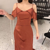 Spaghetti straps orange bridesmaid dresses high low