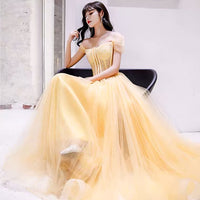 Off the shoulder sequin purple prom dress yellow wedding gown