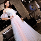Pink blue spaghetti straps wedding gown