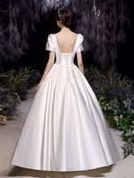 Vintage wedding dress short sleeve satin dress with pearls