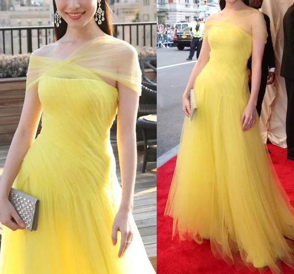 Yellow tulle prom dress floor length long yellow evening dress