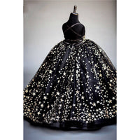 Floor length long sparkly star little girl's black ball gown