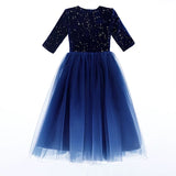 Half sleeve gradient navy blue flower girl dress