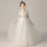 High neckline embroidered white kid's gown middle sleeve flower girl long dress
